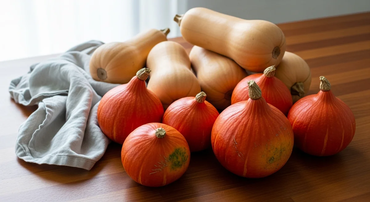 Various colorful winter squashes and pumpkins, including butternuts and potimarrons, arranged on a warm wooden kitchen counter.