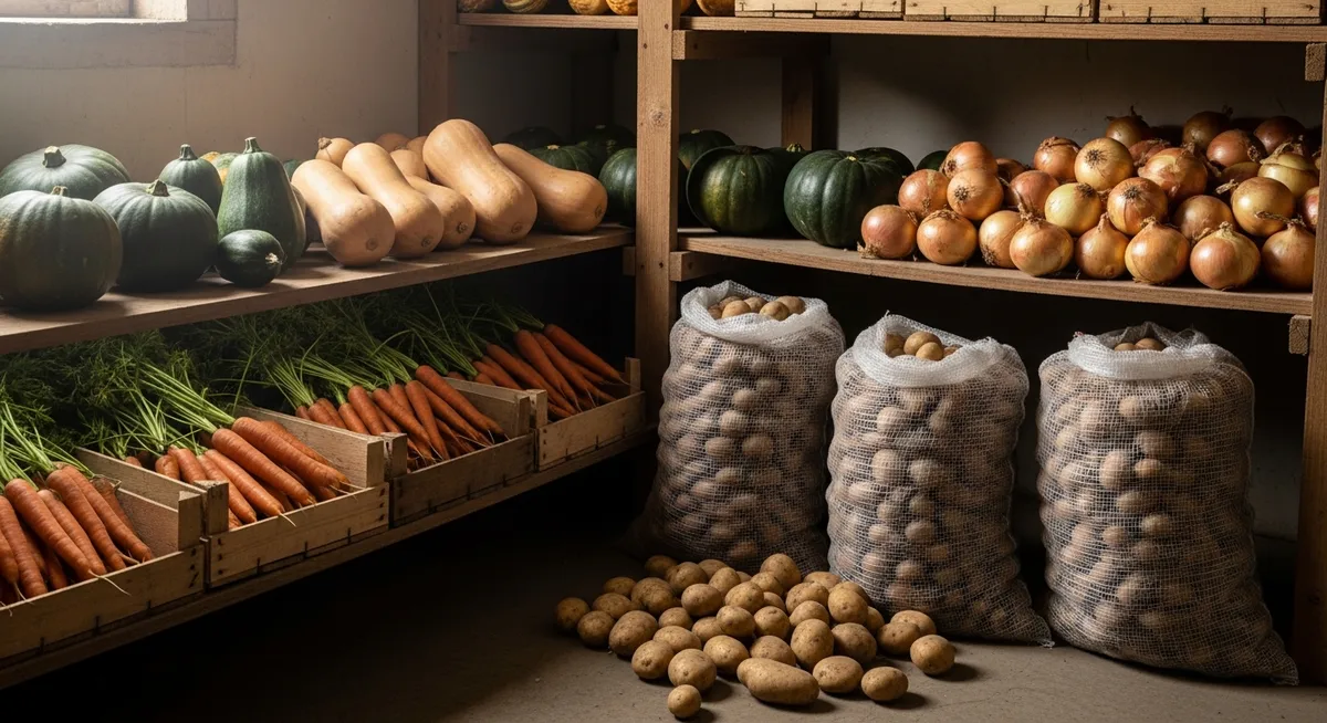 A rustic cellar shelf filled with crates of potatoes, carrots, and onions, covered with a linen cloth.