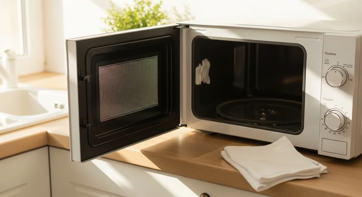 A sparkling clean microwave interior with a soft cloth on a sunlit kitchen counter.