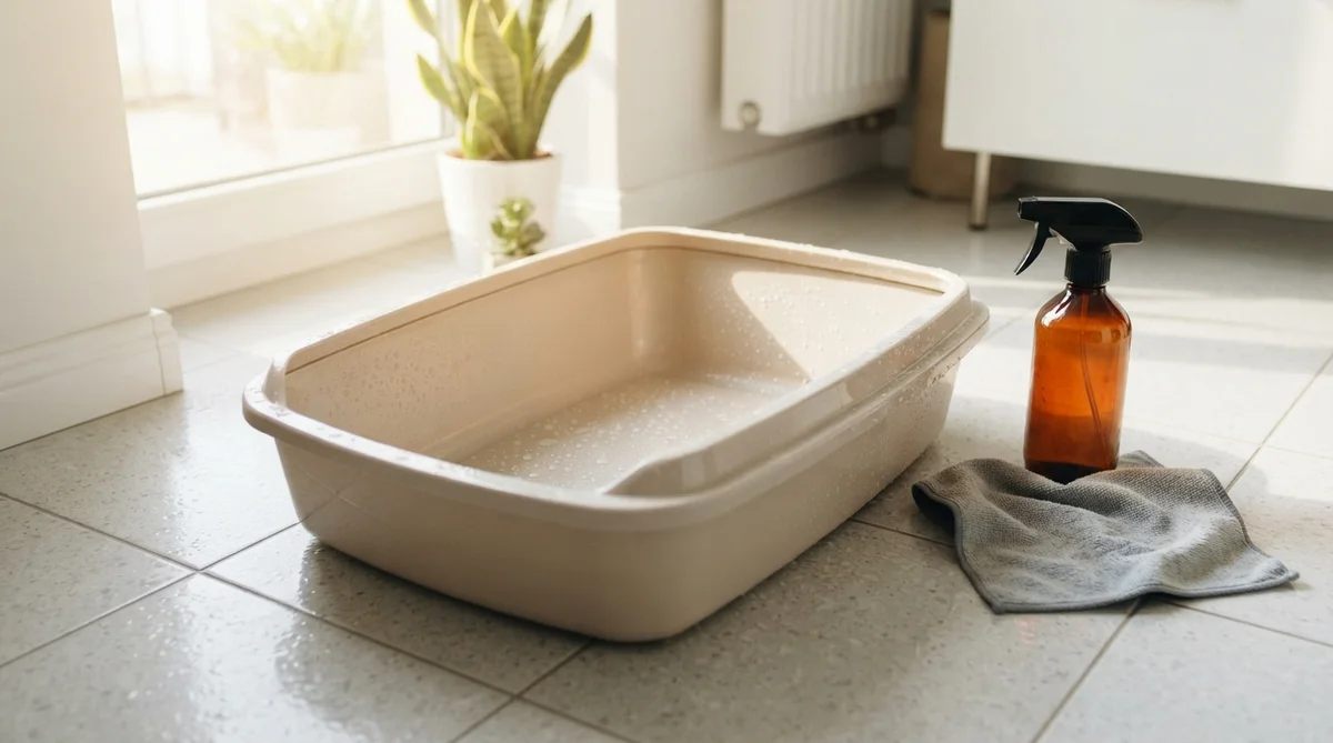 A clean, empty cat litter box with water droplets, beside a spray bottle and scrub brush, sparkling in warm sunlight.
