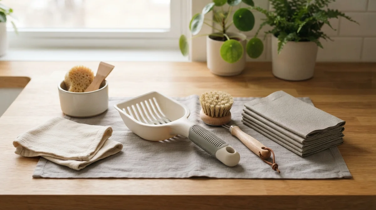 A neat arrangement of new, clean cat litter cleaning tools, including an ergonomic scoop, on a warm wooden surface in natural light.