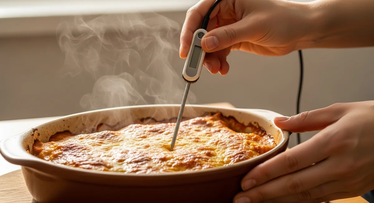 Hands using a digital food thermometer to check the internal temperature of a reheated casserole dish on a sunlit kitchen counter.