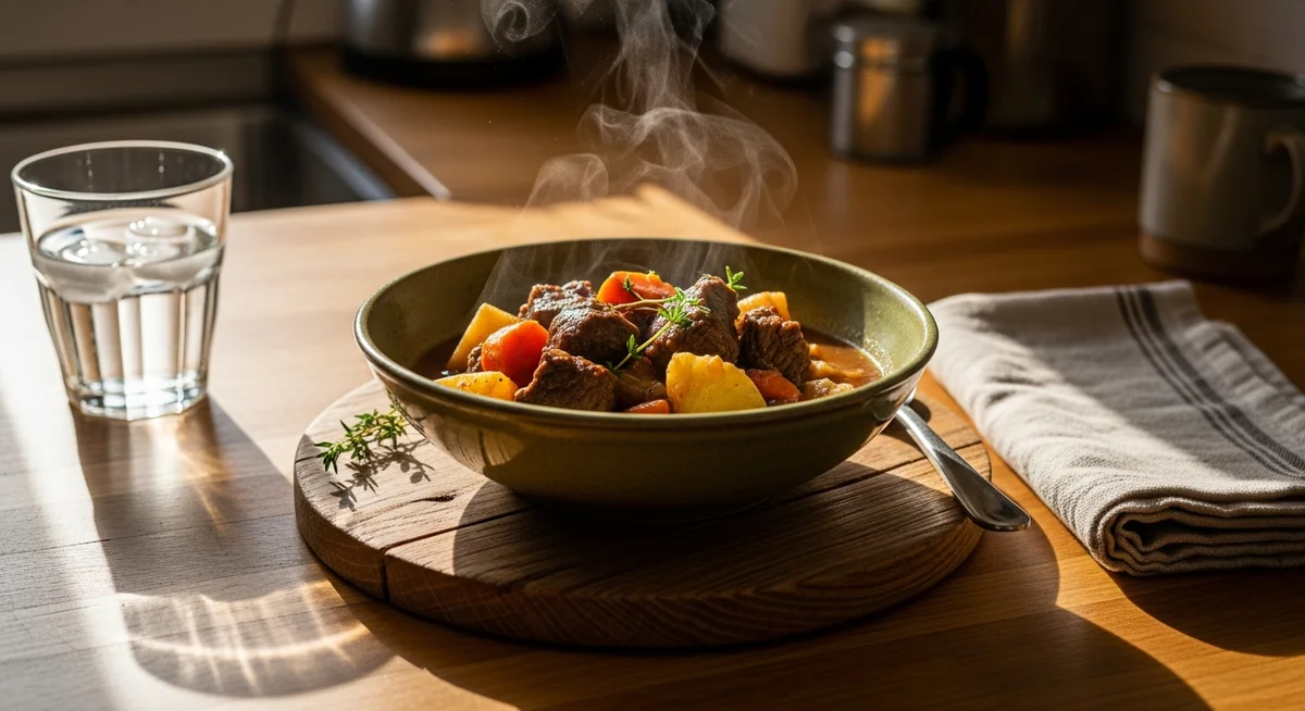 A sunlit kitchen counter with a ceramic dish of home-cooked food resting on a wooden trivet, and a small pot of basil.