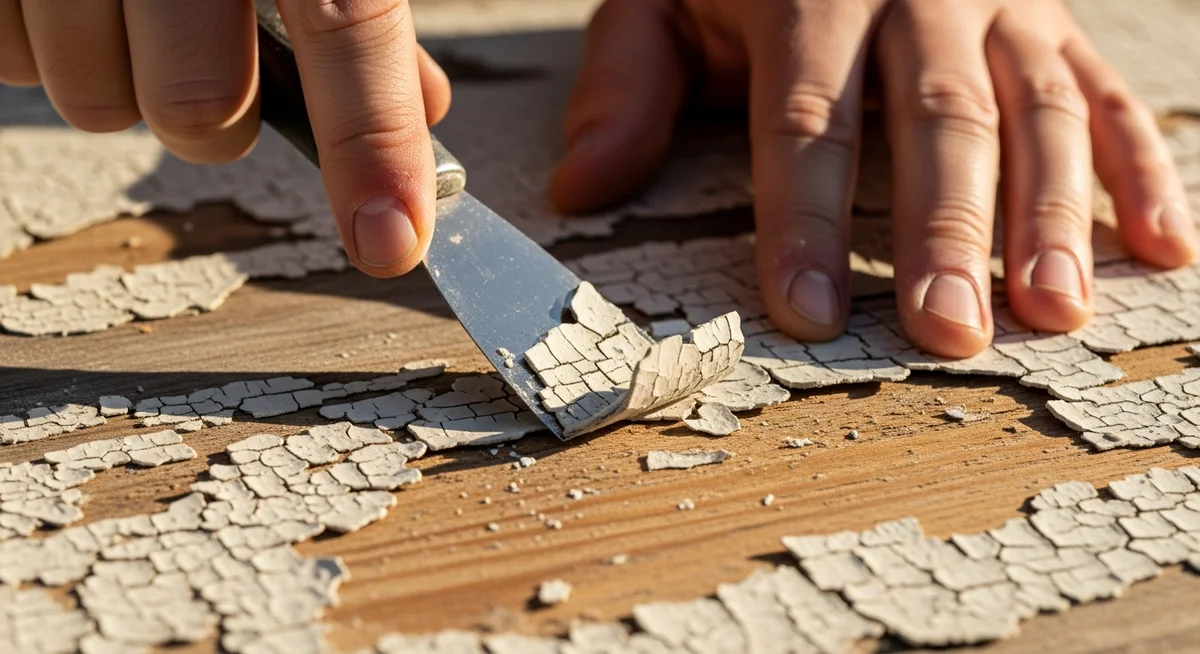 A close-up of hands carefully scraping old, cracked paint from a wooden surface, revealing smooth wood underneath.