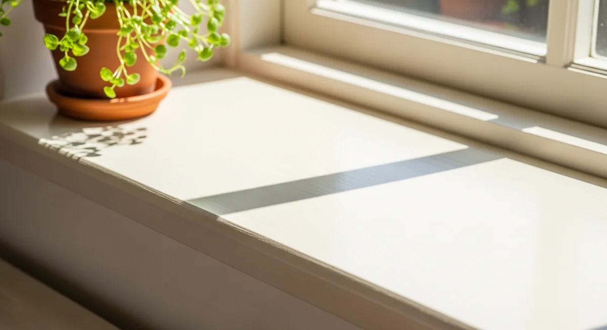 A bright, warm photo of a pristine, freshly painted window sill with a small potted green herb plant.