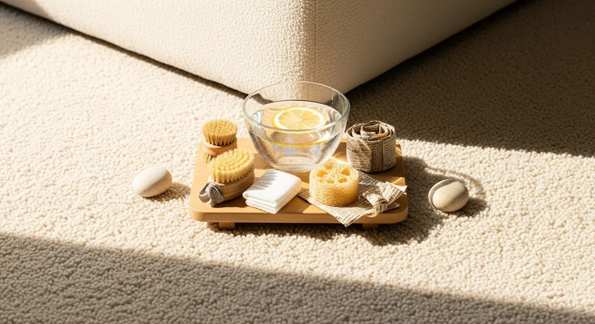 An artfully arranged collection of natural cleaning ingredients—white powder, water, and a lemon wedge—on a tray beside a clean carpet in a sunlit living room.
