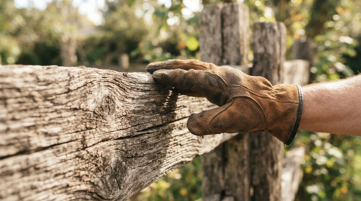 A gloved hand gently touches the dry, weathered surface of a wooden fence panel in warm sunlight, symbolizing project preparation.