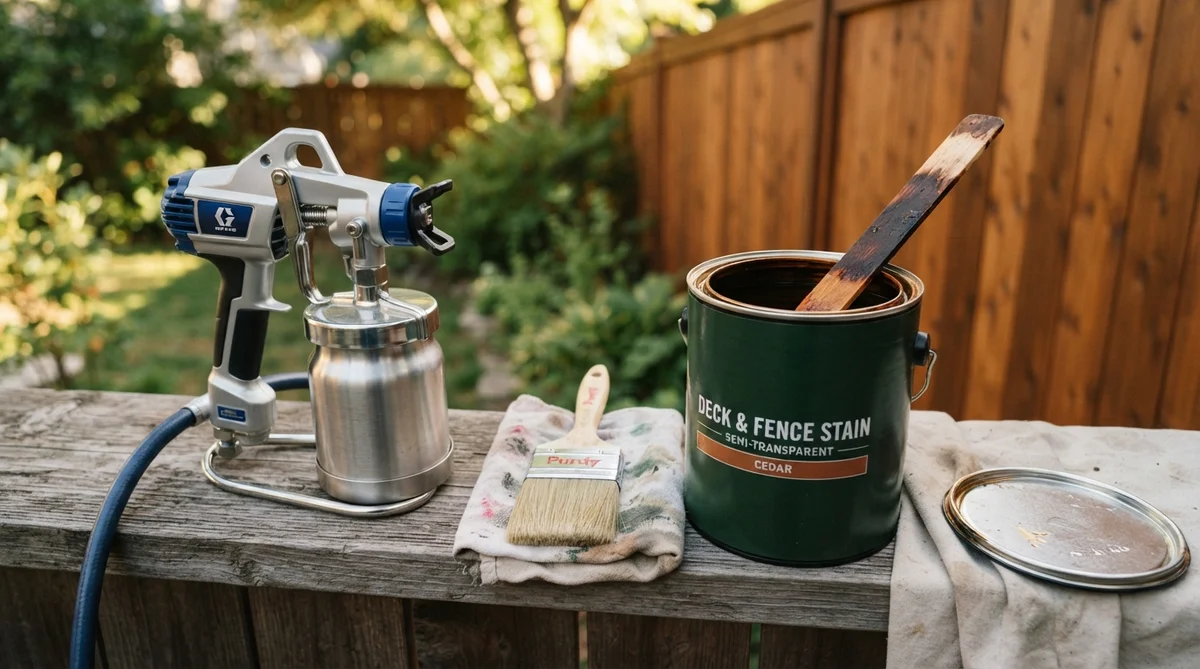 A premium paint sprayer, synthetic paintbrush, and can of wood stain neatly arranged on a drop cloth in warm daylight.
