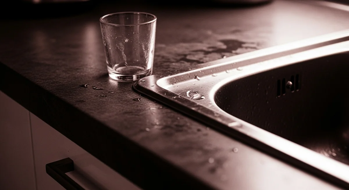 Duotone image of a kitchen counter with faint water marks, suggesting incomplete cleaning.