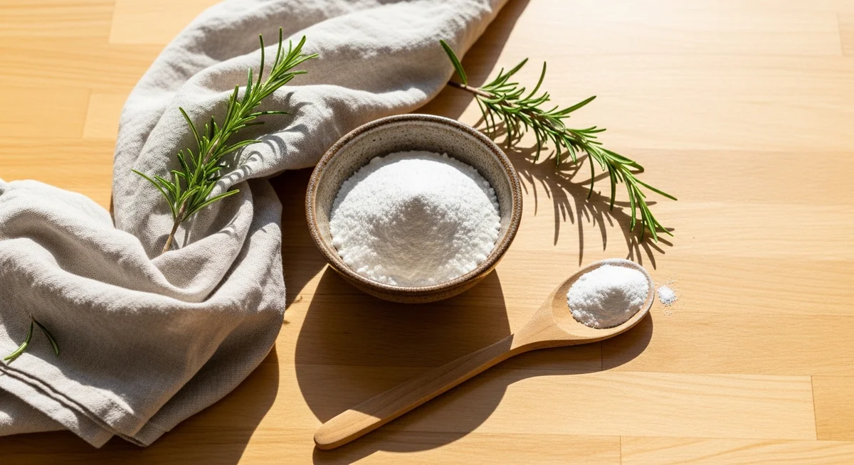A rustic ceramic bowl of baking soda with a wooden spoon on a sunlit wooden kitchen counter, surrounded by a linen cloth and rosemary sprigs, symbolizing natural cleaning remedies.