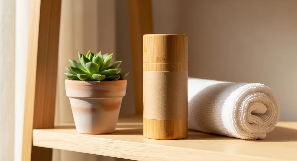 A natural, minimalist deodorant stick on a clean shelf next to a rolled white towel and a small green succulent, representing daily prevention and natural personal care.