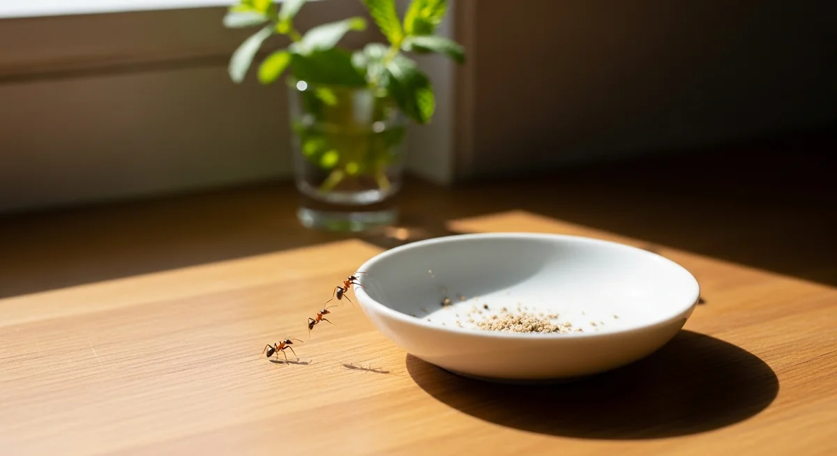 Three ants on a wooden surface walk towards a small white bowl containing granules