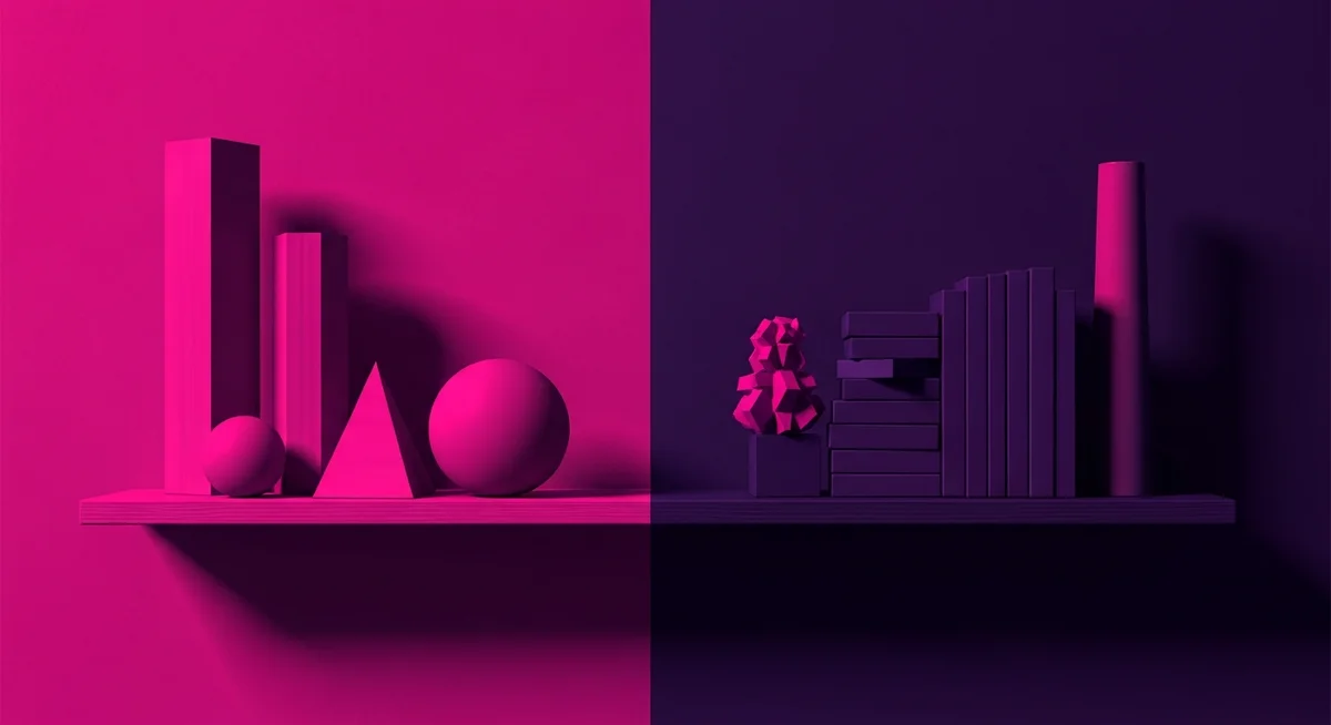 A tidy shelf with objects clearly separated into light and dark groups, rendered in high-contrast indigo and fuchsia duotone, symbolizing organization.
