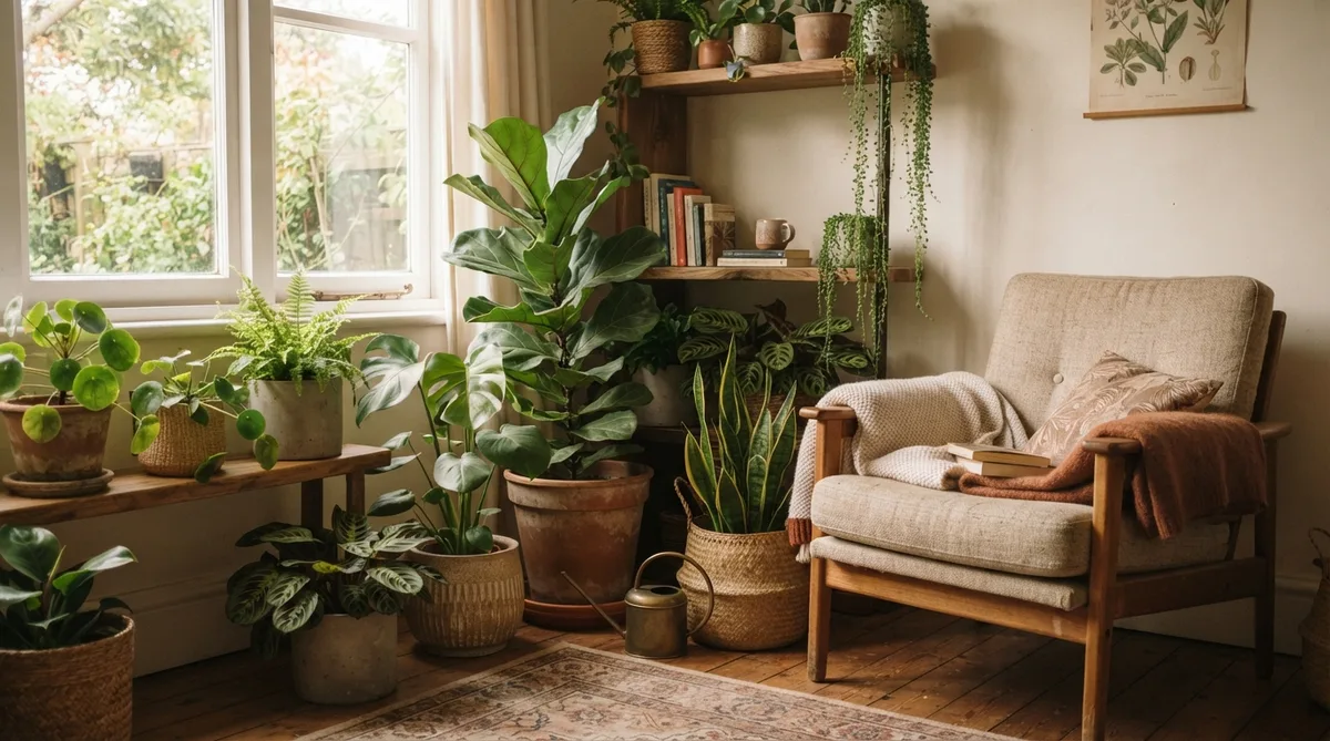 Armchair surrounded by numerous potted houseplants and a wooden bookshelf in a bright, sunlit room