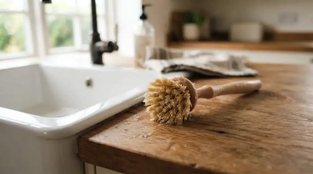 A close-up of a natural bristle cleaning brush, slightly damp, resting on a warm wooden kitchen counter beside a ceramic sink