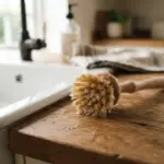 A close-up of a natural bristle cleaning brush, slightly damp, resting on a warm wooden kitchen counter beside a ceramic sink