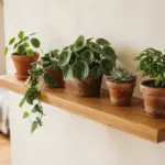 A beautifully crafted floating wooden plant wall shelf, securely mounted on a warm white wall
