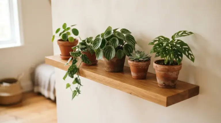 A beautifully crafted floating wooden plant wall shelf, securely mounted on a warm white wall