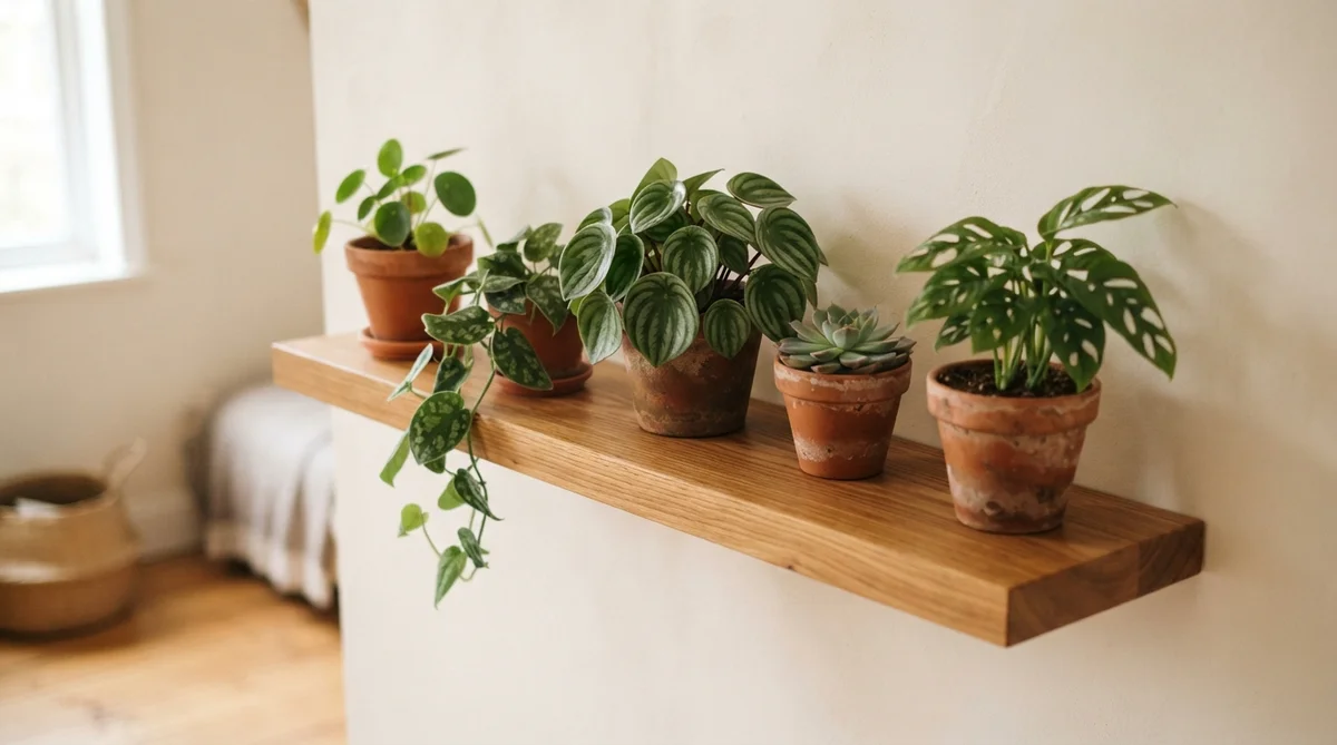 A beautifully crafted floating wooden plant wall shelf, securely mounted on a warm white wall
