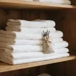 A stack of soft, freshly laundered white linen sheets and towels, carefully arranged inside a light wooden armoire