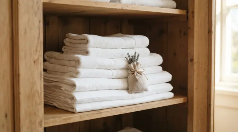 A stack of soft, freshly laundered white linen sheets and towels, carefully arranged inside a light wooden armoire