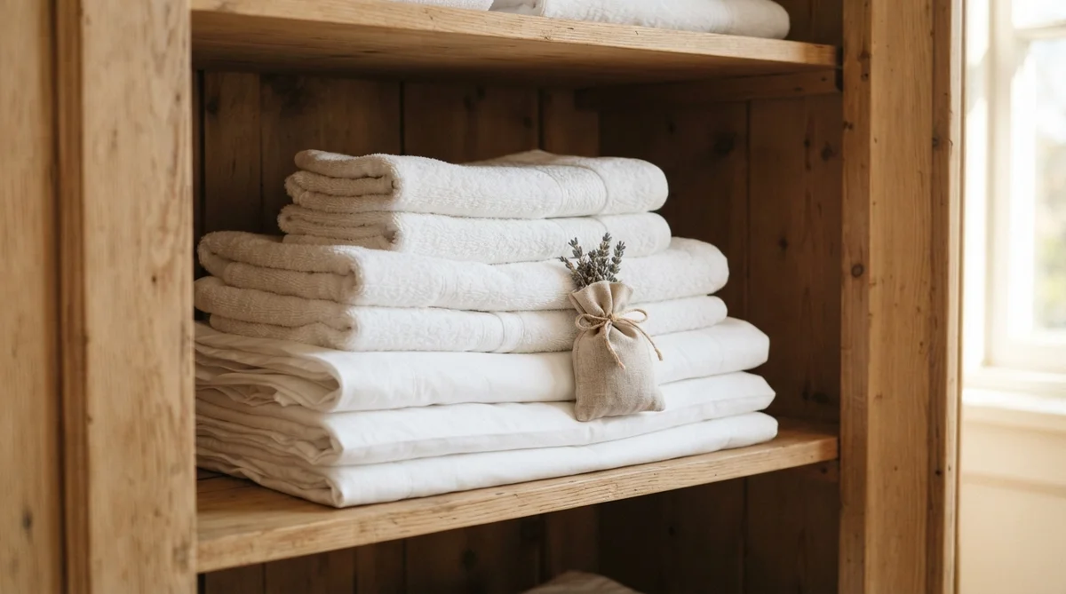 A stack of soft, freshly laundered white linen sheets and towels, carefully arranged inside a light wooden armoire