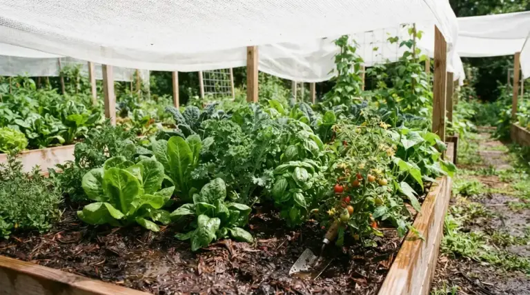 A thriving vegetable garden under a white shade cloth, bathed in warm, bright midday sun