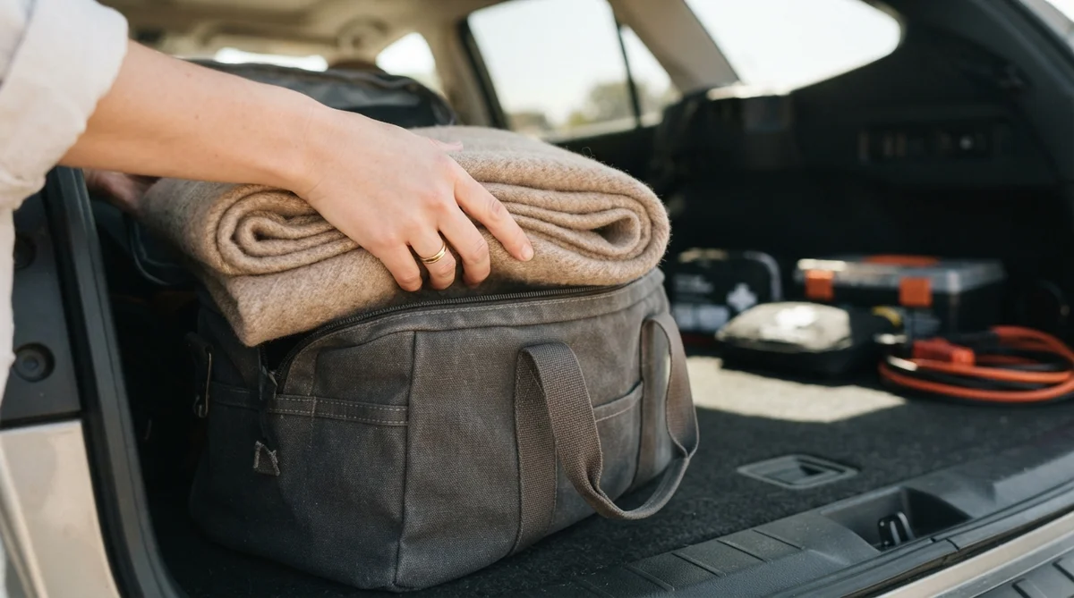 A person packs a tan wool blanket into a gray canvas bag inside the trunk of a car